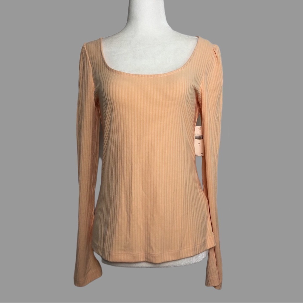 🧡 S 🧡 NWT Anthro Top Ribbed Low Cut Scoop Neck Puffed Sleeves